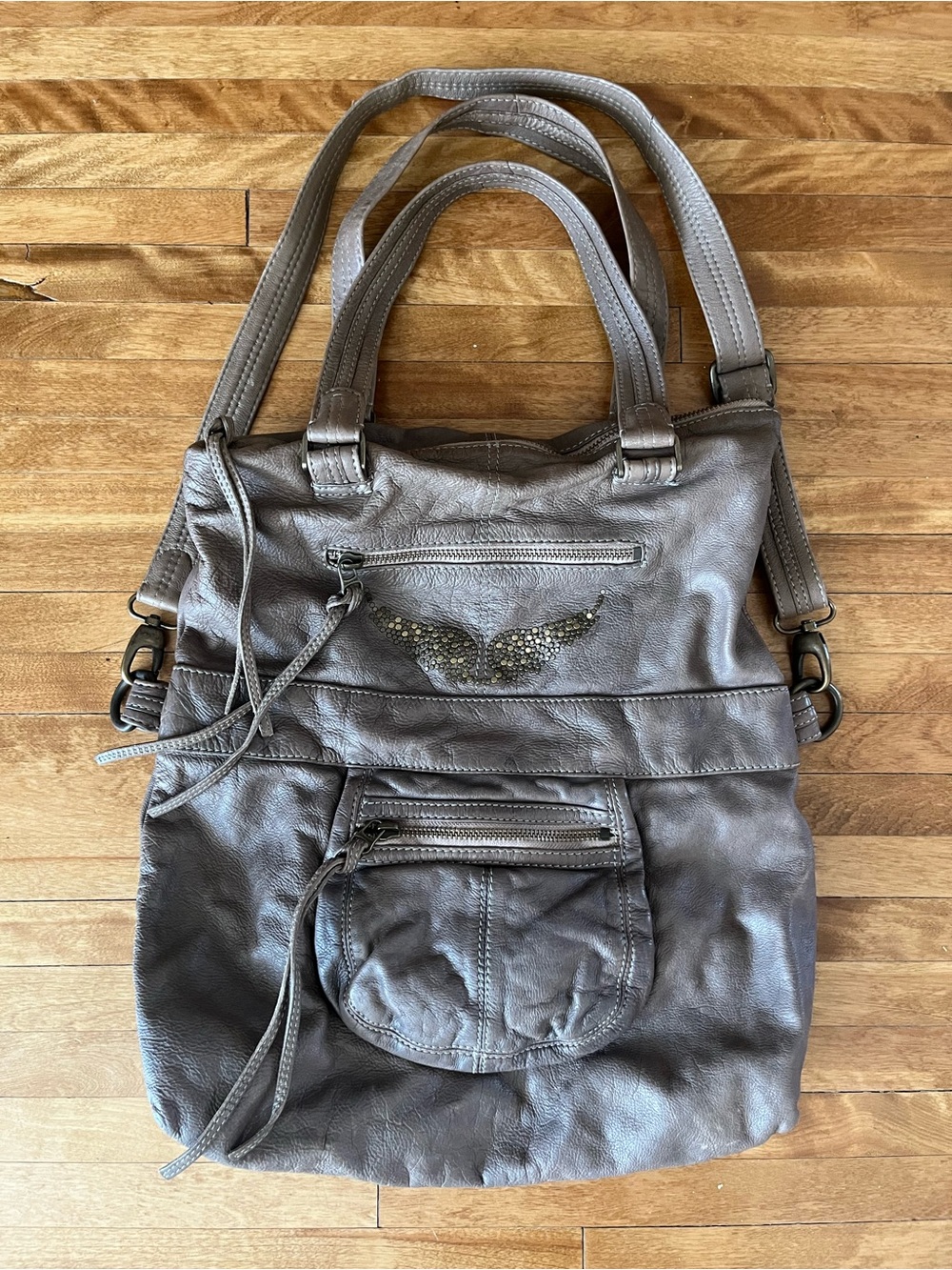 Zadig & Voltaire Gray/Beige Leather Shoulder Bag with Stud Wing Detail